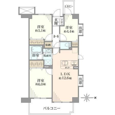 ジェネラス南流山 3LDK、価格3999万円、専有面積61.35m<sup>2</sup>、バルコニー面積10.07m<sup>2</sup> 間取り図