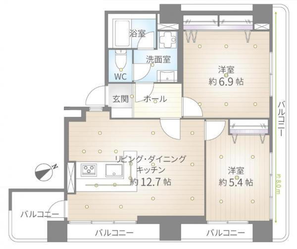 早稲田スカイマンション　１０階建て４階部分 2LDK、価格3750万円、専有面積55.25m<sup>2</sup>、バルコニー面積16.02m<sup>2</sup> 間取り図