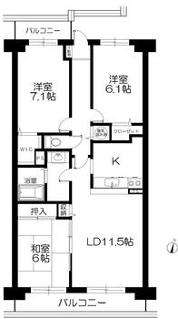 イトーピアリビエルコート 3LDK、価格1280万円、専有面積75m<sup>2</sup>、バルコニー面積14.03m<sup>2</sup> 