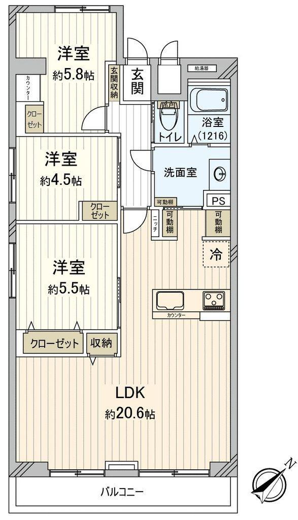 検見川パークハウス 3LDK、価格2680万円、専有面積77.2m<sup>2</sup>、バルコニー面積7.02m<sup>2</sup> 