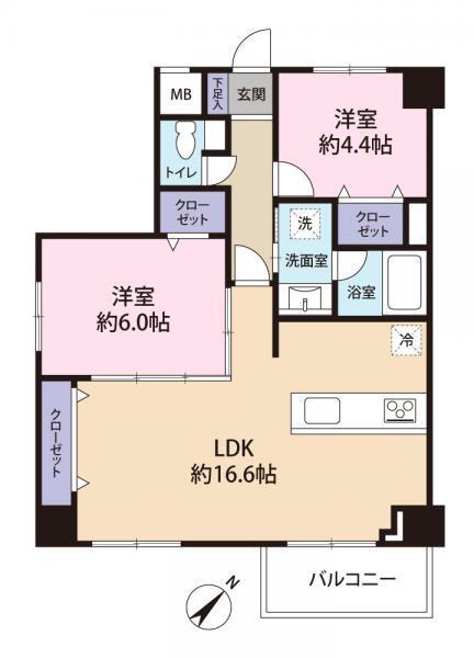 練馬北町シティハウス 2LDK、価格4350万円、専有面積60.65m<sup>2</sup>、バルコニー面積4.8m<sup>2</sup> 間取り図