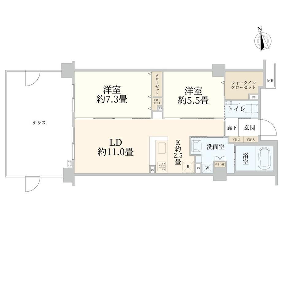 デュオセーヌ緑山 2LDK、価格2650万円、専有面積61.63m<sup>2</sup> 大型収納とテラスが利用できる間取りです。お部屋との区切りはスライドドアになっており、有効床面積を確保しています。