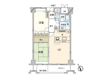 ロイヤルマンション中常 2LDK、価格530万円、専有面積64.51m<sup>2</sup>、バルコニー面積9.6m<sup>2</sup> 専有面積６４．５１平米の２ＬＤＫの間取り