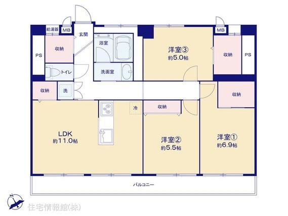 フローラ小松川 3LDK、価格3380万円、専有面積75.61m<sup>2</sup>、バルコニー面積16.2m<sup>2</sup> 図面と異なる場合は現況を優先