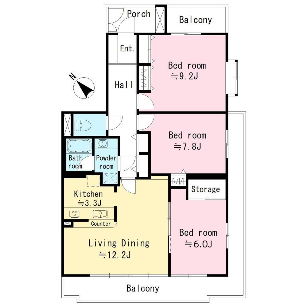 エステ・スクエア南林間 3LDK、価格2695万円、専有面積88.62m<sup>2</sup>、バルコニー面積22.23m<sup>2</sup> 6～9帖の広々とした居室が３部屋ございます。88m<sup>2</sup>・３LDK・角部屋・7階