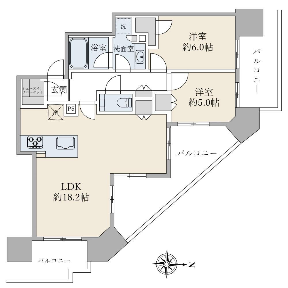 シティタワー国分寺ザ・ツインウエスト 2LDK、価格1億4498万円、専有面積66.78m<sup>2</sup>、バルコニー面積25.96m<sup>2</sup> 
