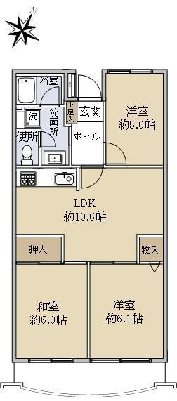 ライブスクエア淵野辺 3LDK、価格1540万円、専有面積59.27m<sup>2</sup>、バルコニー面積6.07m<sup>2</sup> 