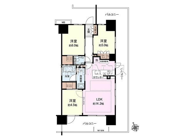 サンクレイドル立川ステーションウィズ 3LDK、価格8980万円、専有面積64.57m<sup>2</sup>、バルコニー面積37.93m<sup>2</sup> 間取図　【サンクレイドル立川ステーションウィズ】