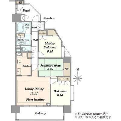 サンデュエル川口青木 3LDK、価格4100万円、専有面積78.11m<sup>2</sup>、バルコニー面積12.44m<sup>2</sup> 間取り図