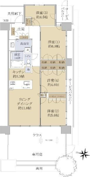 ルネ上尾 4LDK、価格5480万円、専有面積81.44m<sup>2</sup>、バルコニー面積13m<sup>2</sup> 