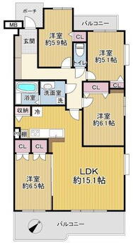 中銀シュフィール八王子マンシオン 4LDK、価格2790万円、専有面積97.8m<sup>2</sup>、バルコニー面積15.16m<sup>2</sup> 