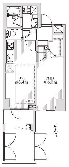 藤和三田綱町ホームズ 1LDK、価格3990万円、専有面積35.64m<sup>2</sup> こちらの物件は廊下を最小限にした間取りです。限られた家の面積の中で廊下が占める割合が多いと他の部屋の広さにしわ寄せいってしまいます。ムダな廊下を無くすことでゆとりある居室空間が可能となります。