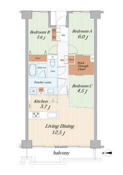 【リノア新松戸】屋内自走式駐車場にトランクルーム完備！充実の共用施設！ 3LDK、価格3080万円、専有面積74.1m<sup>2</sup>、バルコニー面積8.4m<sup>2</sup> ３LDK＋WTC（ウォークスルークローゼット）74.10m2