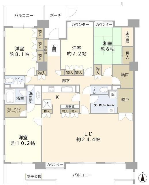 ルネ戸田公園 4LDK、価格6180万円、専有面積151.73m<sup>2</sup>、バルコニー面積29.65m<sup>2</sup> 専有面積１５１平米、どの居室も６帖以上の広さ。