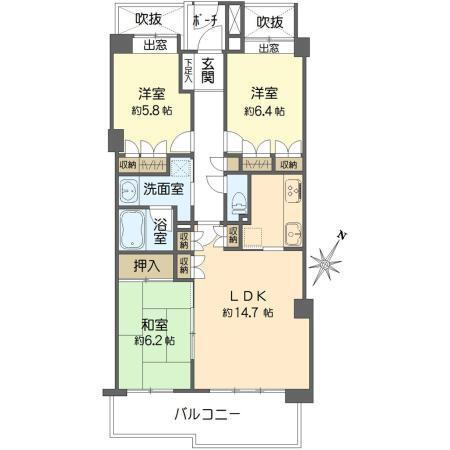 コープ湘南逗子 3LDK、価格6280万円、専有面積75.96m<sup>2</sup>、バルコニー面積12.24m<sup>2</sup> 間取り図