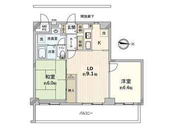 グリーンパーク東砂 2LDK、価格3280万円、専有面積56.14m<sup>2</sup>、バルコニー面積13.65m<sup>2</sup> 間取図