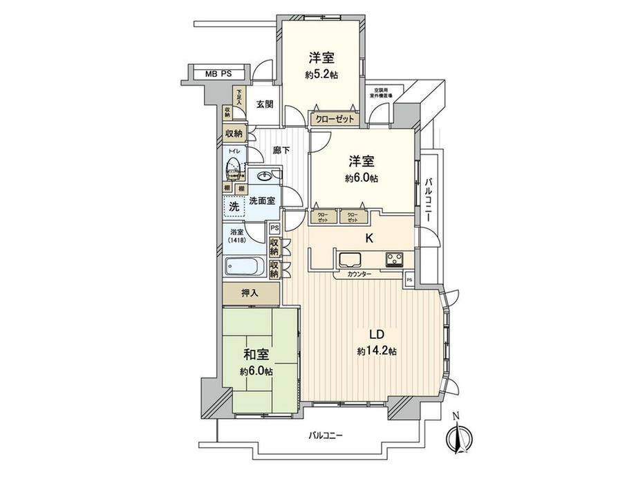 クリオ藤沢善行七番館 3LDK、価格2490万円、専有面積77.06m<sup>2</sup>、バルコニー面積13.2m<sup>2</sup> 南・東・北側に窓がある三方角住戸。玄関前を家族以外の住民が通る心配が少ないです。全居室に加えて廊下にも収納スペースが設けられており、住空間を有効に、すっきりと暮らせる住まいで…