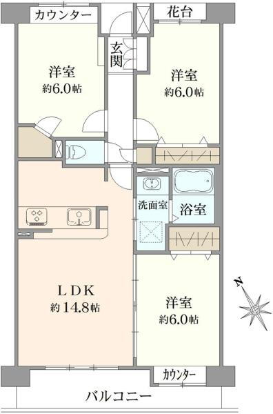 エフローレ北越谷ネクステージ 3LDK、価格2799万円、専有面積70.2m<sup>2</sup>、バルコニー面積9.75m<sup>2</sup> 間取り図