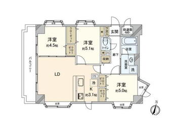 ライオンズマンション与野本町 3LDK、価格3190万円、専有面積67.68m<sup>2</sup>、バルコニー面積9.06m<sup>2</sup> 間取り