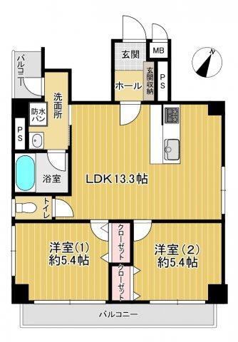 ライオンズマンション西横浜第２ 2LDK、価格2390万円、専有面積52.97m<sup>2</sup>、バルコニー面積7.46m<sup>2</sup> 形状等が現況と異なる場合は現況を優先します。