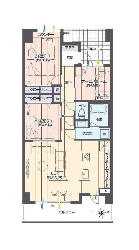 サーパス湘南代官町 2LDK+S（納戸）、価格3580万円、専有面積68.65m<sup>2</sup>、バルコニー面積9.78m<sup>2</sup> 