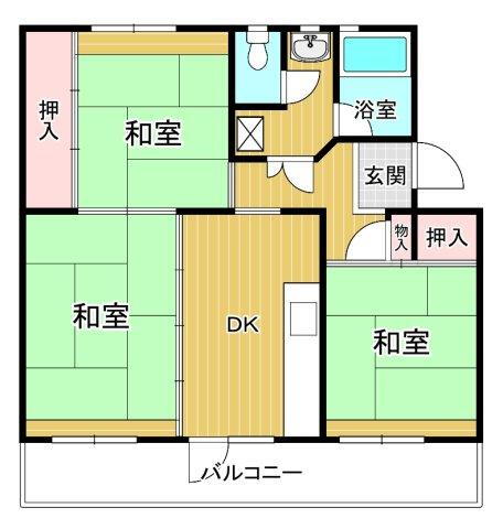 小室ハイランドＢ街区 3DK、価格330万円、専有面積51.9m<sup>2</sup>、バルコニー面積8.82m<sup>2</sup> 南面3室の3DK　明るく通風良好です