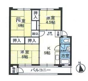 日野新坂下住宅 3K、価格800万円、専有面積52.58m<sup>2</sup>、バルコニー面積8.1m<sup>2</sup> 