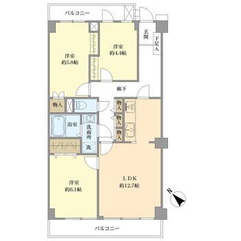 ドルミ藤沢山王 3LDK、価格2690万円、専有面積69.3m<sup>2</sup>、バルコニー面積11.1m<sup>2</sup> 【リフォーム内容】全居室クロス、フローリング、天井新規張替。システムキッチン、浴室、洗面台、トイレ、建具、給湯器、分電盤など新規交換。