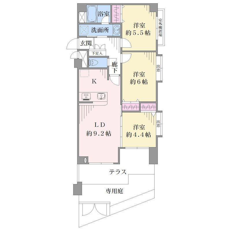 ニックアーバンハイム鶴見本町通り 3LDK、価格3170万円、専有面積62.74m<sup>2</sup> 角住戸の3LDKタイプ、多目的な専用庭（テラス）付き