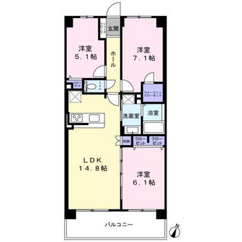 ソフィア習志野台 3LDK、価格2690万円、専有面積70.2m<sup>2</sup>、バルコニー面積9m<sup>2</sup> 専有面積70ｍ2超のゆったりした空間は14.8帖LDKのほか、5.1帖から7.1帖の居室を備え、ウォークイン＆ワイドクローゼットで収納力にも優れた間取りです