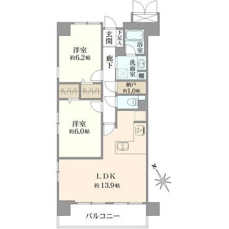 ディアハイム北松戸 2LDK、価格3480万円、専有面積60.04m<sup>2</sup>、バルコニー面積8.25m<sup>2</sup> 間取り図