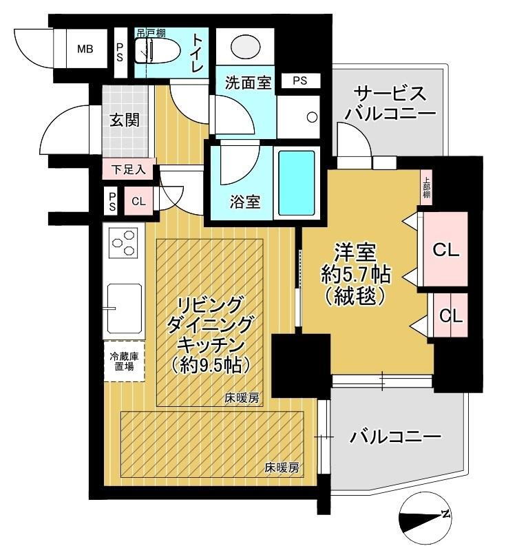 ボヌール亀有 1LDK、価格2680万円、専有面積36.89m<sup>2</sup>、バルコニー面積5.92m<sup>2</sup> リビングダイニングには床暖房完備。洋室は絨毯です。