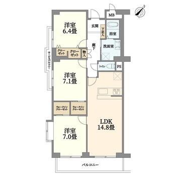 藤和ライブタウン鎌倉七里ガ浜Ａ棟 3LDK、価格4390万円、専有面積80.79m<sup>2</sup>、バルコニー面積8.01m<sup>2</sup> 