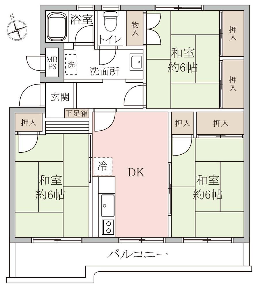 江戸川台小田急ハイツ 3DK、価格580万円、専有面積65.21m<sup>2</sup>、バルコニー面積9.62m<sup>2</sup> 南西向き3DK。全居室6畳以上。全居室収納スペース付で住空間もスッキリ広々。