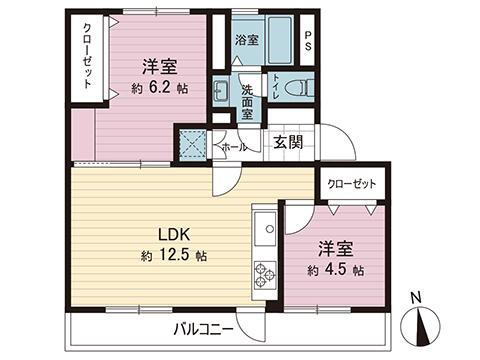 下麻生住宅 2LDK、価格1280万円、専有面積46.05m<sup>2</sup>、バルコニー面積7.5m<sup>2</sup> 間取図です。図面と異なる場合は現況を優先させていただきます。