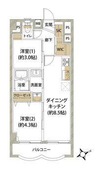 富士見台永谷コーポラス 2DK、価格1900万円、専有面積40.5m<sup>2</sup>、バルコニー面積4.5m<sup>2</sup> 