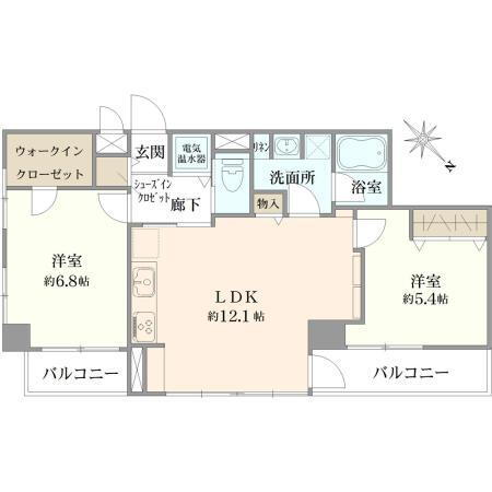 ライオンズマンション荻窪第２ 2LDK、価格5499万円、専有面積59.14m<sup>2</sup>、バルコニー面積6.57m<sup>2</sup> 間取り図
