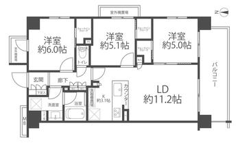 サンクレイドル北戸田 3LDK、価格4380万円、専有面積67.2m<sup>2</sup>、バルコニー面積12.12m<sup>2</sup> 