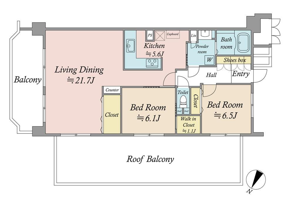 サングレイス小机 2LDK、価格3480万円、専有面積80.66m<sup>2</sup>、バルコニー面積12.1m<sup>2</sup> 　リビング・ダイニング２１．７帖、３２．４m<sup>2</sup>の開放感あるルーフバルコニー、こだわりの最上階角部屋の住戸を是非ご覧下さい。