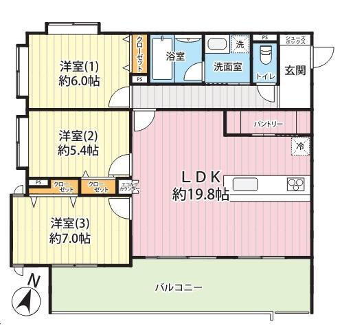 グリーンミユキ吉野町 3LDK、価格3180万円、専有面積82.35m<sup>2</sup>、バルコニー面積21.26m<sup>2</sup> 図面と現況が異なる場合は現況を優先させていただきます。