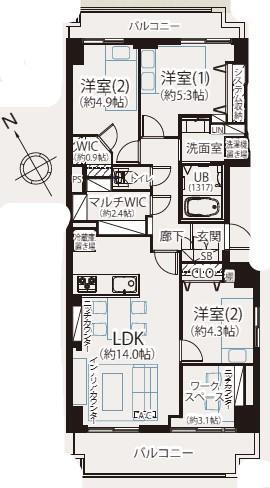 最上階・アークガーデンひびきの街四番館 3LDK+S（納戸）、価格4599万円、専有面積72.89m<sup>2</sup>、バルコニー面積13.38m<sup>2</sup> 両面バルコニー＋ワークスペース