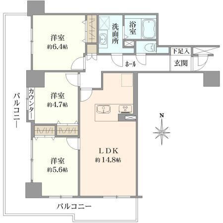 セレスト吉川 3LDK、価格3390万円、専有面積72.3m<sup>2</sup>、バルコニー面積24.01m<sup>2</sup> 間取り図