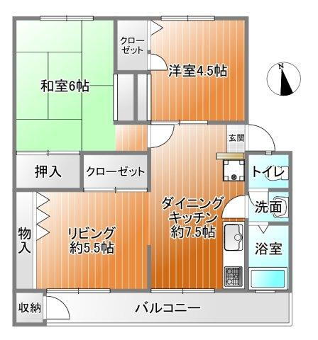 日野新坂下住宅 2LDK、価格1080万円、専有面積52.58m<sup>2</sup>、バルコニー面積8.1m<sup>2</sup> 