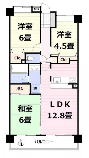 ライオンズシティ竹の塚第２ 3LDK、価格3480万円、専有面積63.78m<sup>2</sup>、バルコニー面積9m<sup>2</sup> 各部屋の真ん中に廊下があり使いやすい間取りです。