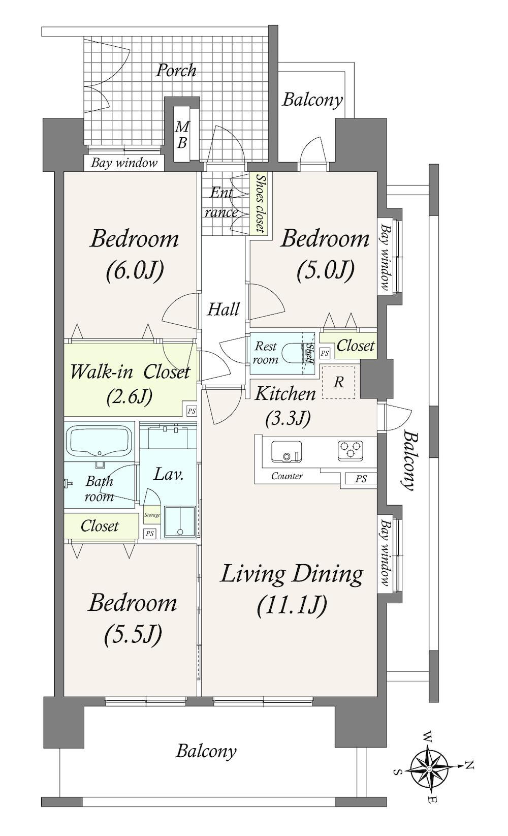 クレストガーデンレジデンス 3LDK、価格5680万円、専有面積70.06m<sup>2</sup>、バルコニー面積24.8m<sup>2</sup> 高層階・角住戸ならではの開放感を感じられる住戸です。また、廊下部分の面積が少ないため、その分居室に広がりがあります。