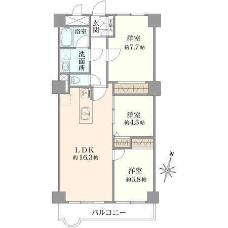 パレ・ドール西八王子 3LDK、価格2980万円、専有面積76.26m<sup>2</sup>、バルコニー面積7.49m<sup>2</sup> 間取り図