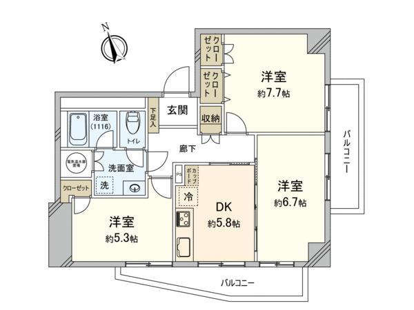 花村第２フラワーマンション 3DK、価格2580万円、専有面積63.46m<sup>2</sup>、バルコニー面積11.48m<sup>2</sup> 間取り
