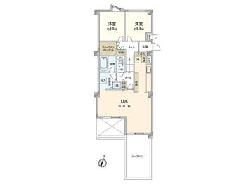 インペリアル菊名 2LDK、価格2980万円、専有面積69.17m<sup>2</sup> 3階建ての最上階部分に位置する2LDK住戸。LDKは約16.1帖の広さ。南向きのルーフテラスが設けられています。