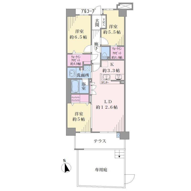 デュオヒルズ横濱北寺尾 3LDK、価格4190万円、専有面積75.55m<sup>2</sup> 専用庭付きの住戸です。