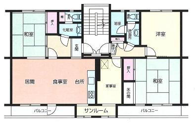 南山第１住宅 3LDK、価格1080万円、専有面積97.47m<sup>2</sup>、バルコニー面積10.68m<sup>2</sup> 3LDK+サンルーム+家事室で広々